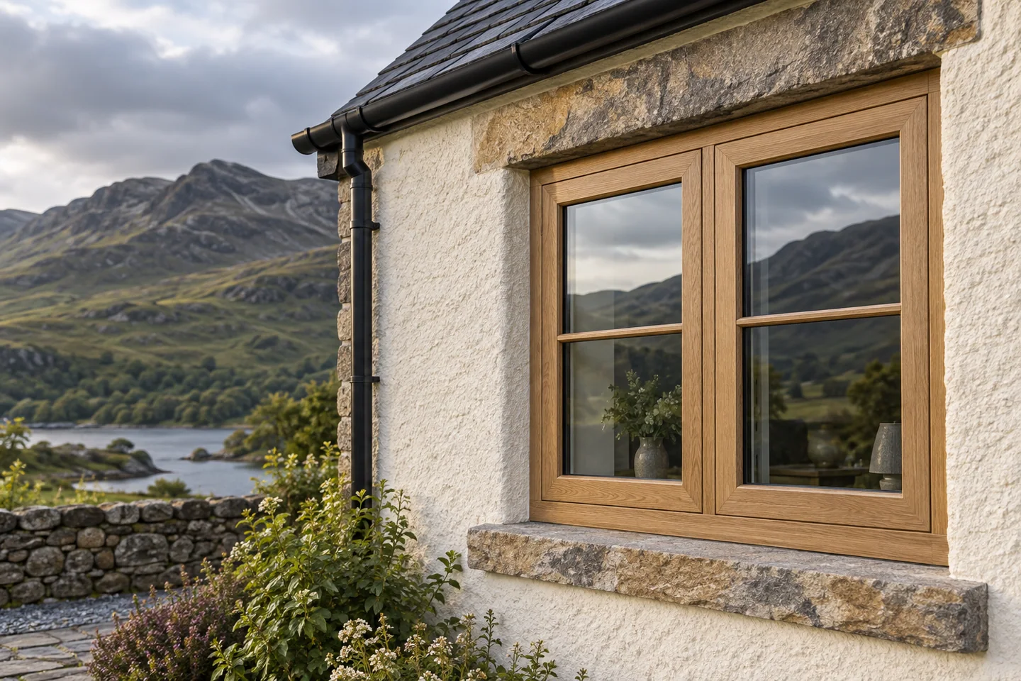 Timber-effect casement in a Highland cottage